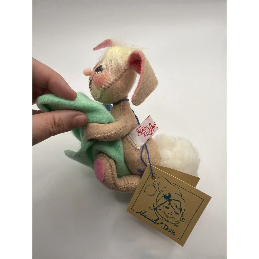 1994 Annalee Baby Boy Bunny Rabbit Green Blanket & Blue Bottle & Pompom Tail NWT